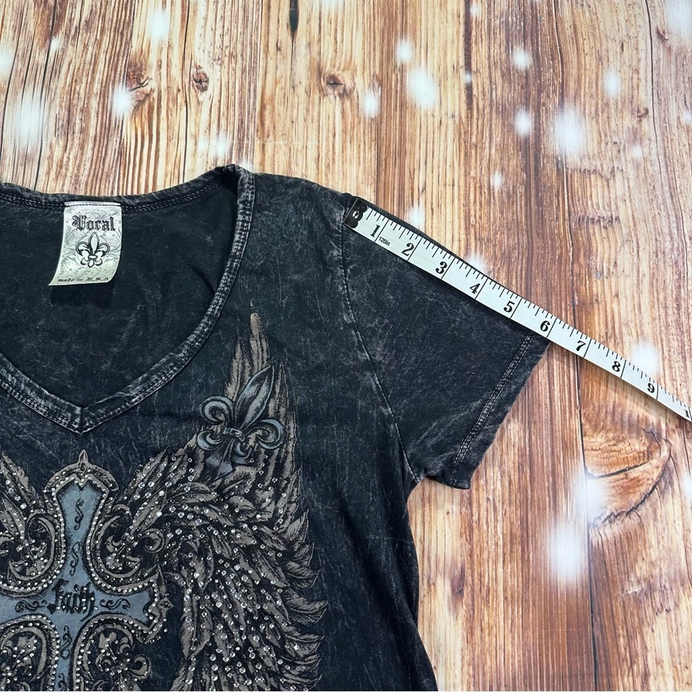 Y2K Grunge Rhinestone Cross Wings Tunic Top Acid Wash Short Sleeve Size Medium - Picture 13 of 15